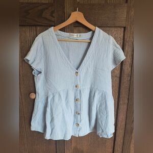 Cotton Gauze V Neck Baby Blue Top